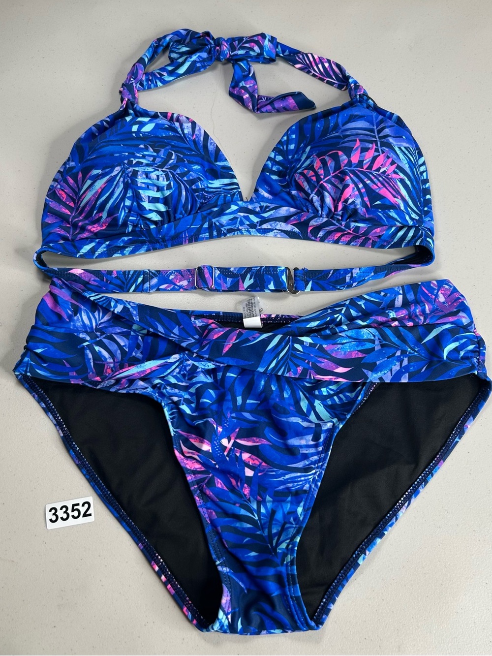 Yonique Bikini Set Blue Tropical Large Halter Full Coverage